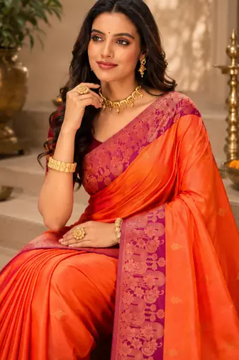 Sangam prints coral orange soft silk blend woven work traditional saree