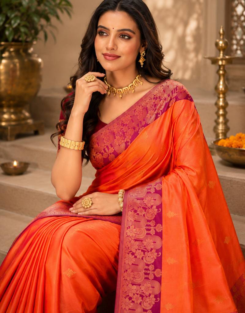 Sangam prints coral orange soft silk blend woven work traditional saree