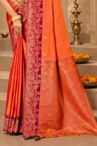 Sangam prints coral orange soft silk blend woven work traditional saree
