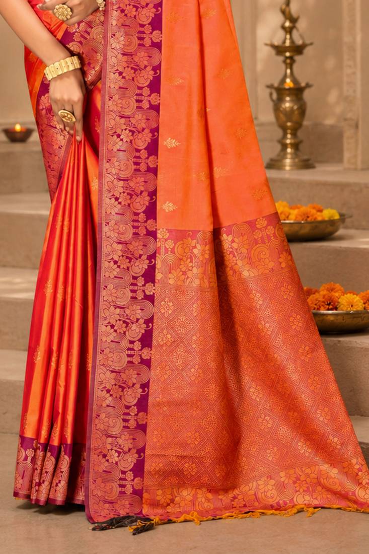 Sangam prints coral orange soft silk blend woven work traditional saree