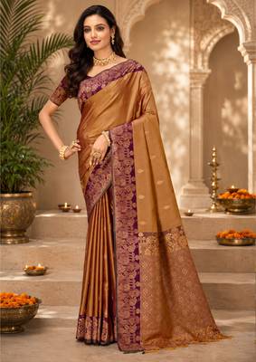 Sangam prints golden bronze soft silk blend woven work traditional saree 1