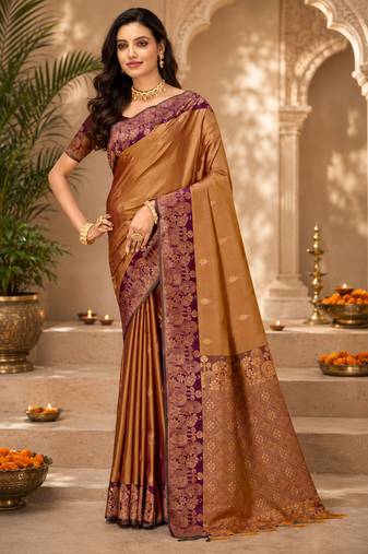 Sangam prints golden bronze soft silk blend woven work traditional saree