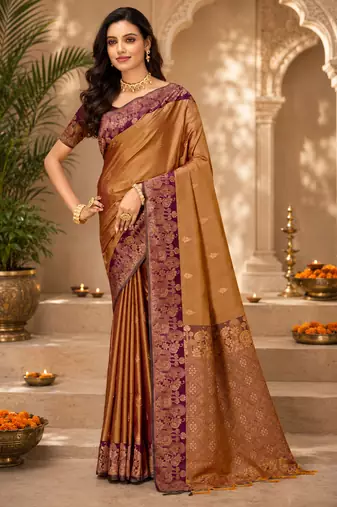 Sangam prints golden bronze soft silk blend woven work traditional saree