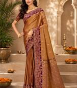 Sangam prints golden bronze soft silk blend woven work traditional saree
