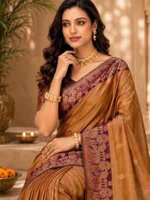 Sangam prints golden bronze soft silk blend woven work traditional saree 2