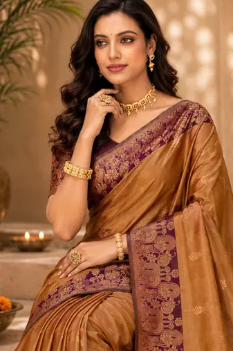 Sangam prints golden bronze soft silk blend woven work traditional saree