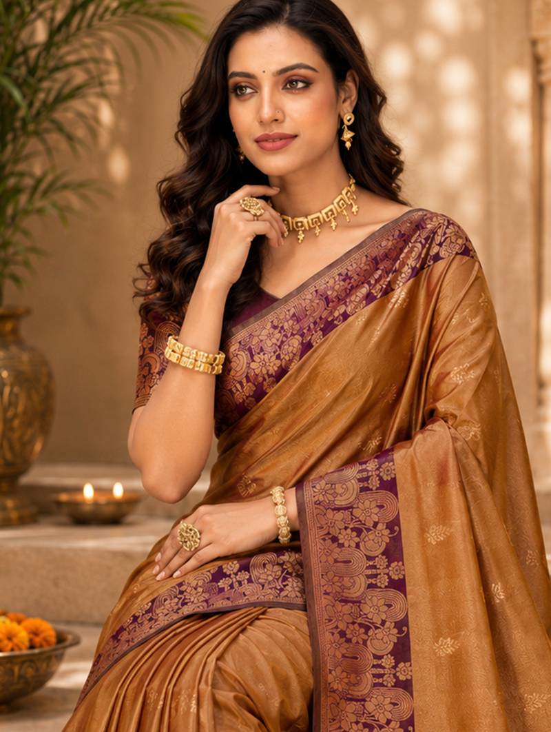 Sangam prints golden bronze soft silk blend woven work traditional saree