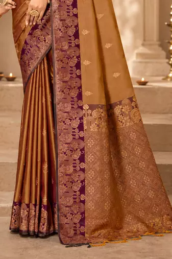 Sangam prints golden bronze soft silk blend woven work traditional saree
