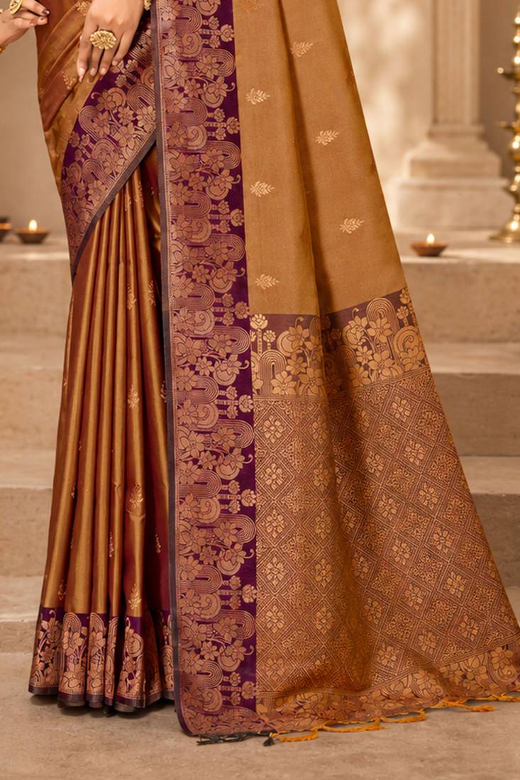 Sangam prints golden bronze soft silk blend woven work traditional saree
