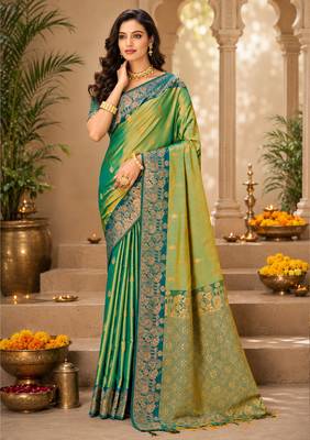 Sangam prints sea green soft silk blend woven work traditional saree 1