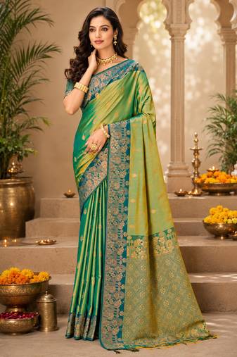 Sangam prints sea green soft silk blend woven work traditional saree