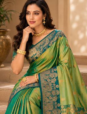 Sangam prints sea green soft silk blend woven work traditional saree 2