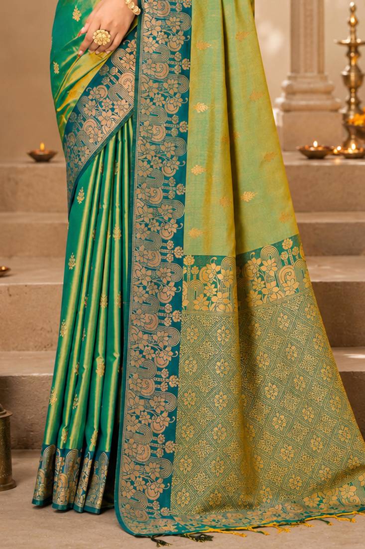 Sangam prints sea green soft silk blend woven work traditional saree