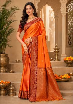 Sangam prints bright orange soft silk blend woven work traditional saree 1