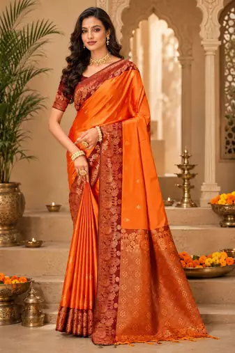 Sangam prints bright orange soft silk blend woven work traditional saree