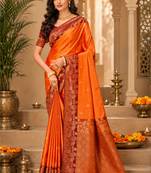 Sangam prints bright orange soft silk blend woven work traditional saree
