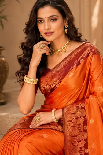 Sangam prints bright orange soft silk blend woven work traditional saree