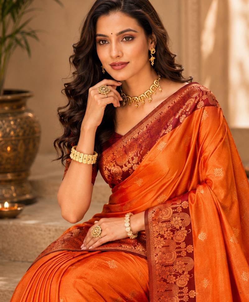 Sangam prints bright orange soft silk blend woven work traditional saree