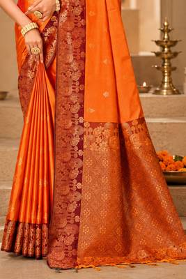 Sangam prints bright orange soft silk blend woven work traditional saree 3