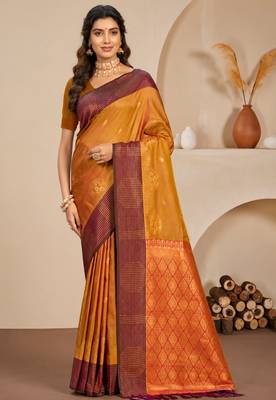 Sangam prints golden mustard soft silk blend woven work traditional saree 1