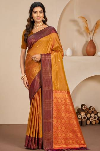 Sangam prints golden mustard soft silk blend woven work traditional saree