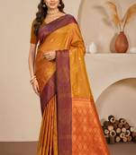 Sangam prints golden mustard soft silk blend woven work traditional saree