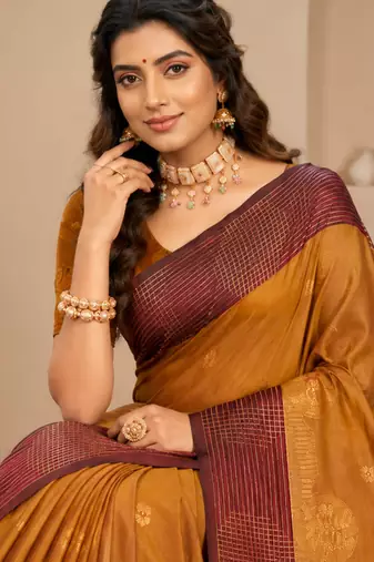 Sangam prints golden mustard soft silk blend woven work traditional saree