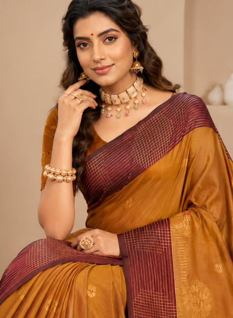 Sangam prints golden mustard soft silk blend woven work traditional saree