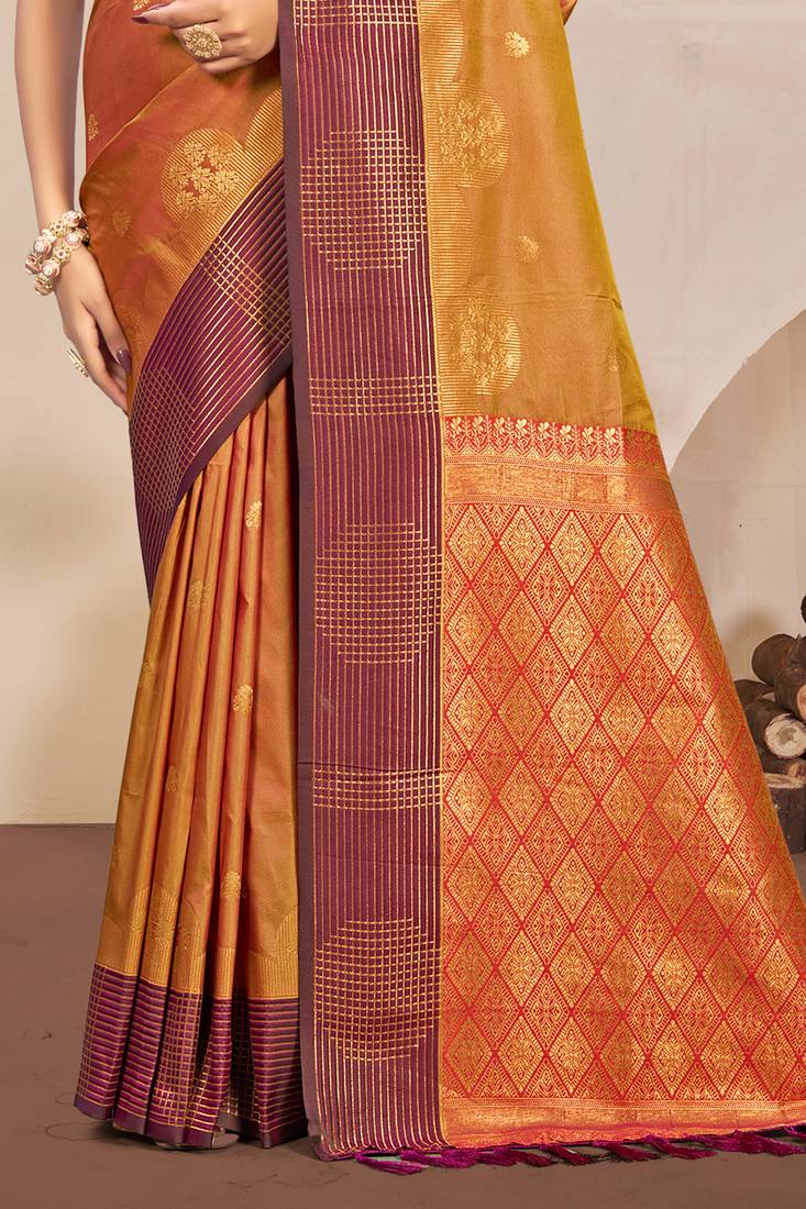 Sangam prints golden mustard soft silk blend woven work traditional saree