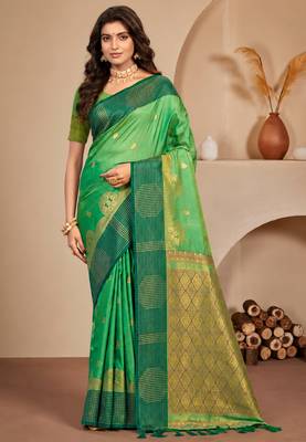 Sangam prints mint green soft silk blend woven work traditional saree 1