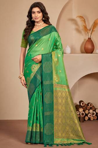 Sangam prints mint green soft silk blend woven work traditional saree