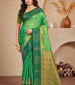Sangam prints mint green soft silk blend woven work traditional saree