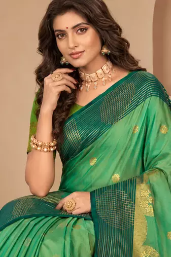 Sangam prints mint green soft silk blend woven work traditional saree