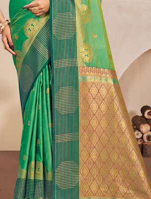 Sangam prints mint green soft silk blend woven work traditional saree 3