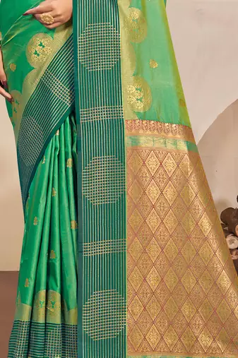 Sangam prints mint green soft silk blend woven work traditional saree