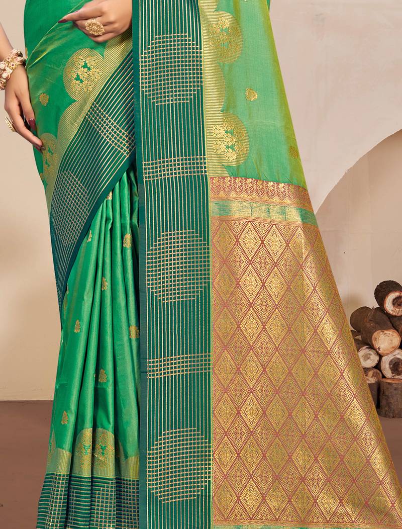 Sangam prints mint green soft silk blend woven work traditional saree