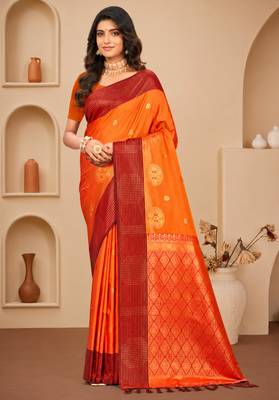 Sangam prints bright orange soft silk blend woven work traditional saree 1