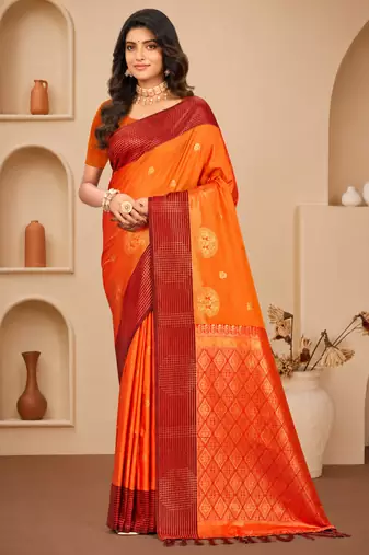 Sangam prints bright orange soft silk blend woven work traditional saree