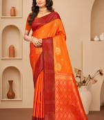 Sangam prints bright orange soft silk blend woven work traditional saree