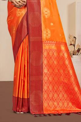 Sangam prints bright orange soft silk blend woven work traditional saree 3