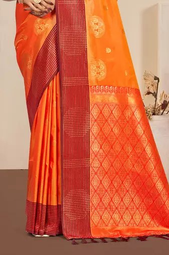 Sangam prints bright orange soft silk blend woven work traditional saree
