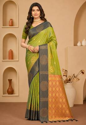 Sangam prints pista green soft silk blend woven work traditional saree 1
