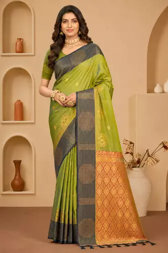 Sangam prints pista green soft silk blend woven work traditional saree