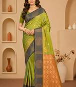 Sangam prints pista green soft silk blend woven work traditional saree