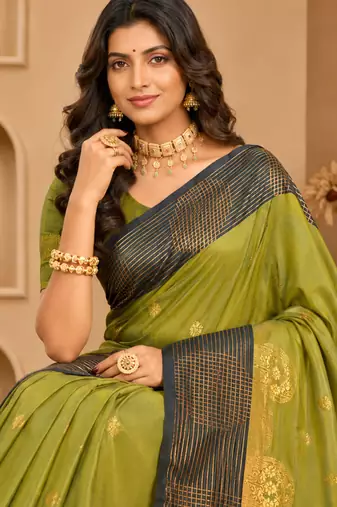 Sangam prints pista green soft silk blend woven work traditional saree