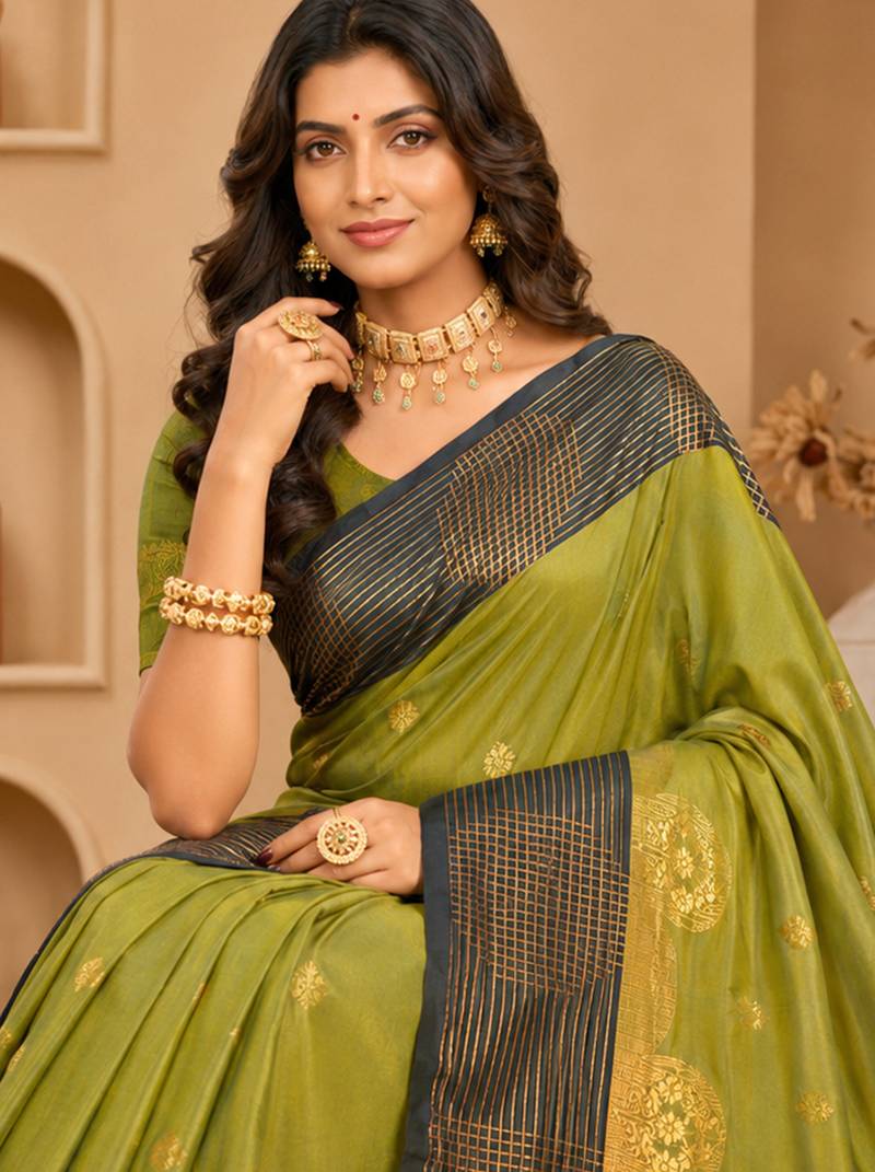 Sangam prints pista green soft silk blend woven work traditional saree