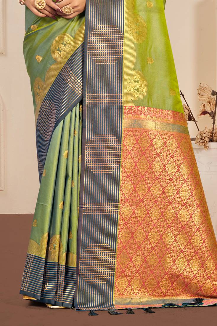 Sangam prints pista green soft silk blend woven work traditional saree