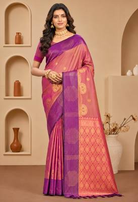 Sangam prints dusty rose pink soft silk blend woven work traditional saree 1