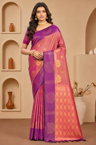 Sangam prints dusty rose pink soft silk blend woven work traditional saree