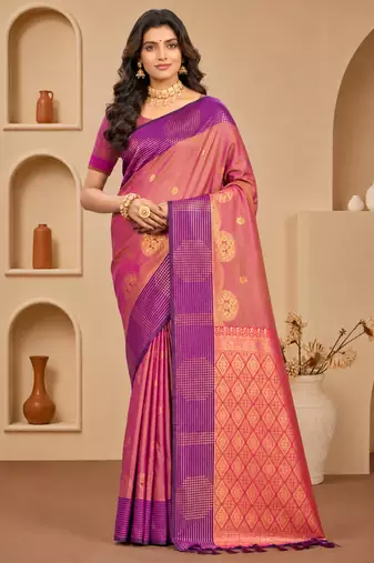 Sangam prints dusty rose pink soft silk blend woven work traditional saree